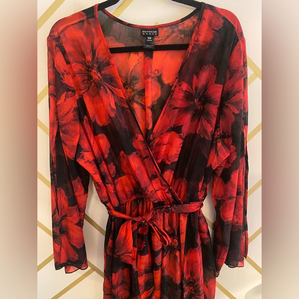 Plus Red Floral Shimmering Sheer Faux Wrap Maxi Dress